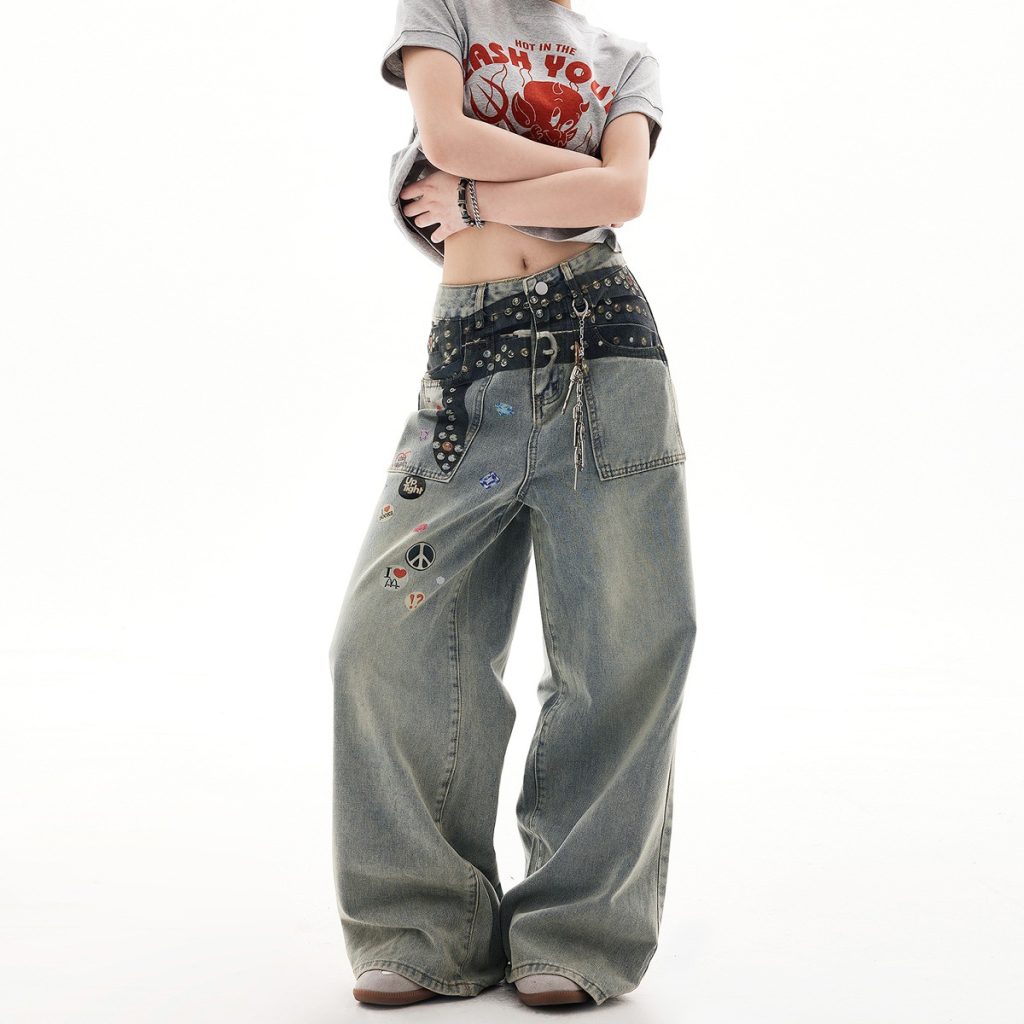 Quần Jeans Ống Rộng Unisex In Hình Sticker & Thắt Lưng(1)