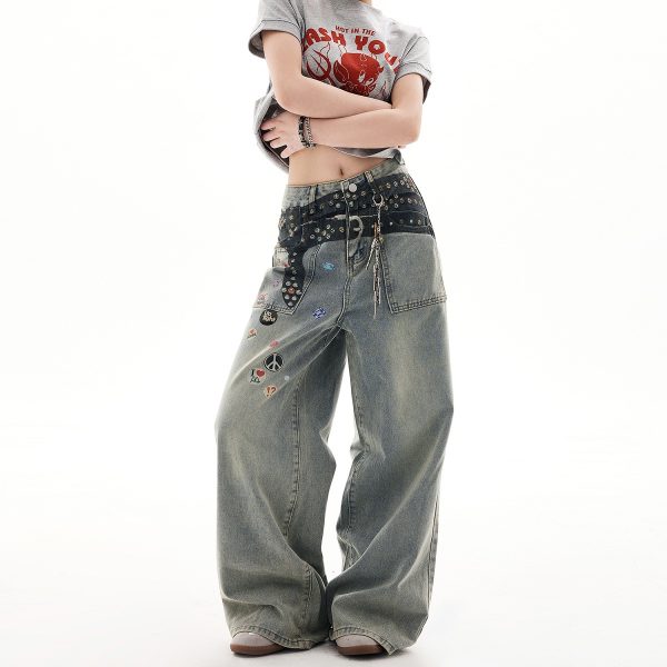 Quần Jeans Ống Rộng Unisex In Hình Sticker & Thắt Lưng(1)